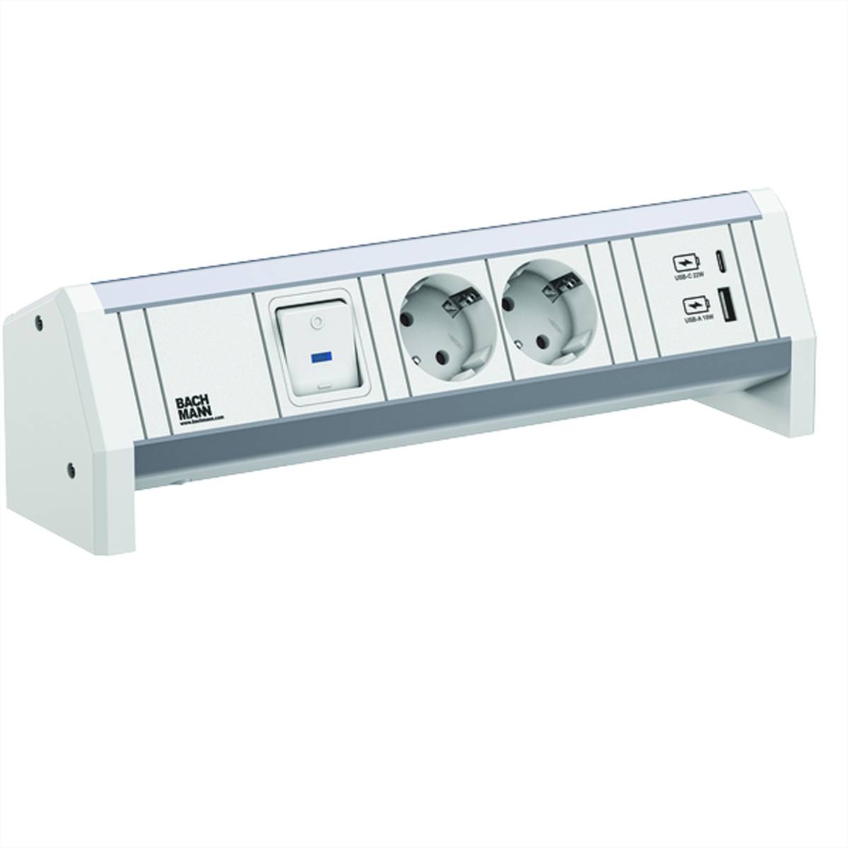 BACHMANN DESK 2xCEE7/3 1xSchalter 1xUSB A/C 22W GST18 RAL9010 Steckdosenleisten 1