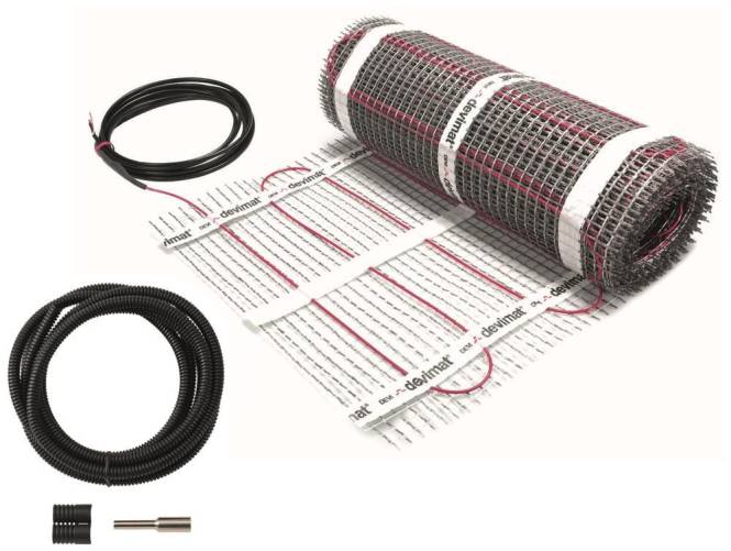 Heizmatte mit Drähten und einem Temperatursensor, mit Gitterdesign und mit der Bezeichnung „devimat