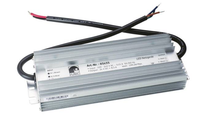 Eine silberfarbene LED-Stromversorgungseinheit mit freiliegenden Drähten, gekennzeichnet mit „Art.-Nr: 85455