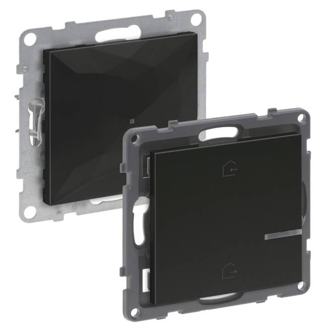 Schwarze elektrische Schalter mit quadratischem Design und Metallrahmen, von verschiedenen Blickwinkeln dargestellt.