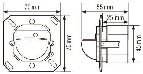 Eine technische Zeichnung mit Vorder- und Seitenansicht einer elektrischen Steckdose mit den Abmessungen: 70 mm Breite, 55 mm Tiefe und kreisförmiger Vorderseite.