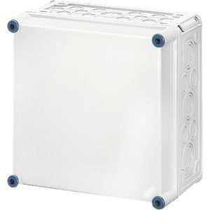 Ein weißes Kunststoff-Verteilerdosen mit runden Kabeleinführungspunkten an den Seiten und blauen Eckenkappen, verwendet für elektrische Installationen.
