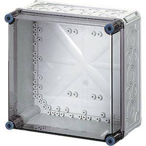 Ein klares, leeres, quadratisches elektrisches Verteilerkästchen mit sichtbaren kreisförmigen Ausschlagpanelen an den Seiten und blauen Eckbefestigungen.