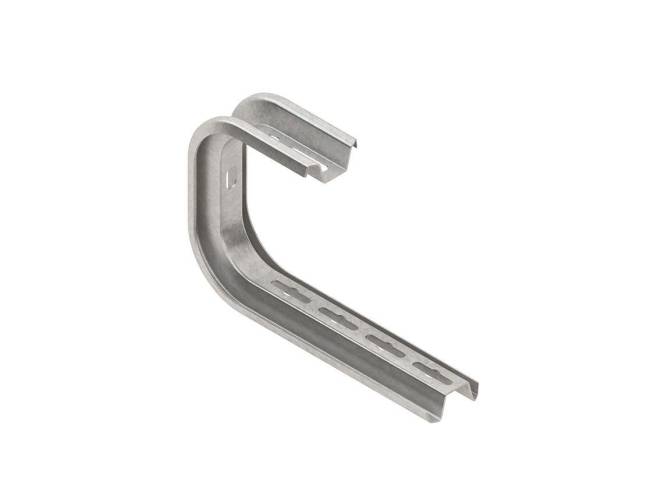 Ein Metallwinkel mit einer 90-Grad-Biegung, mit mehreren Löchern entlang seiner längeren Seite, verwendet für Befestigungs- oder Montageanwendungen.