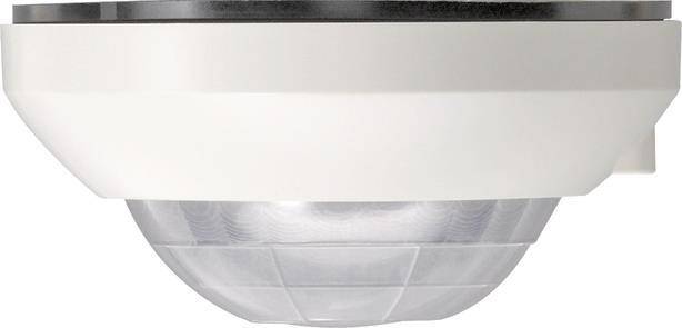 Ein an der Decke montierter Bewegungsmelder mit weißem und grauem Design und einer kuppelförmigen Linse zur Erfassung von Bewegungen darunter.