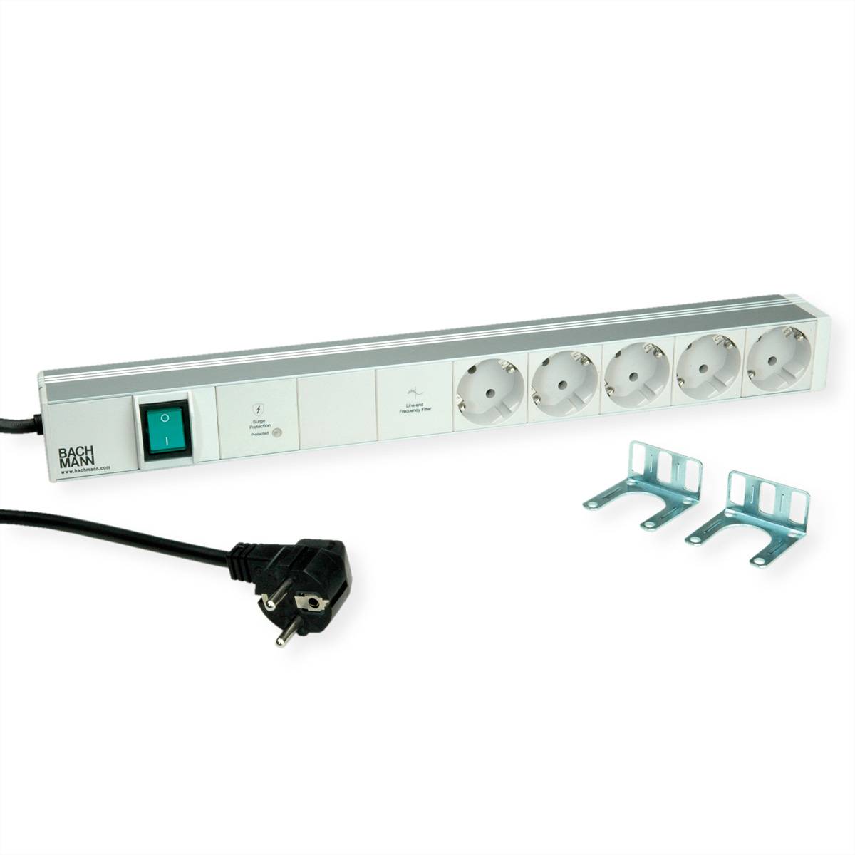 BACHMANN 19 1HE 5xCEE7/3 1xSchalter 1xGVS-Plus 2,0m CEE7/7 Steckdosenleisten IT-Steckdosenleiste