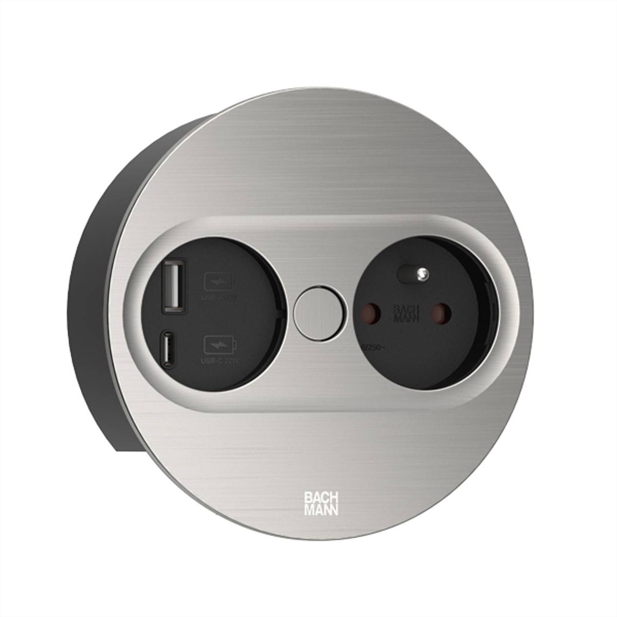BACHMANN TWIST 2 1xUTE 1xUSB A/C 22W 2,0m AEH Edelstahl-Optik rund Steckdosenleisten