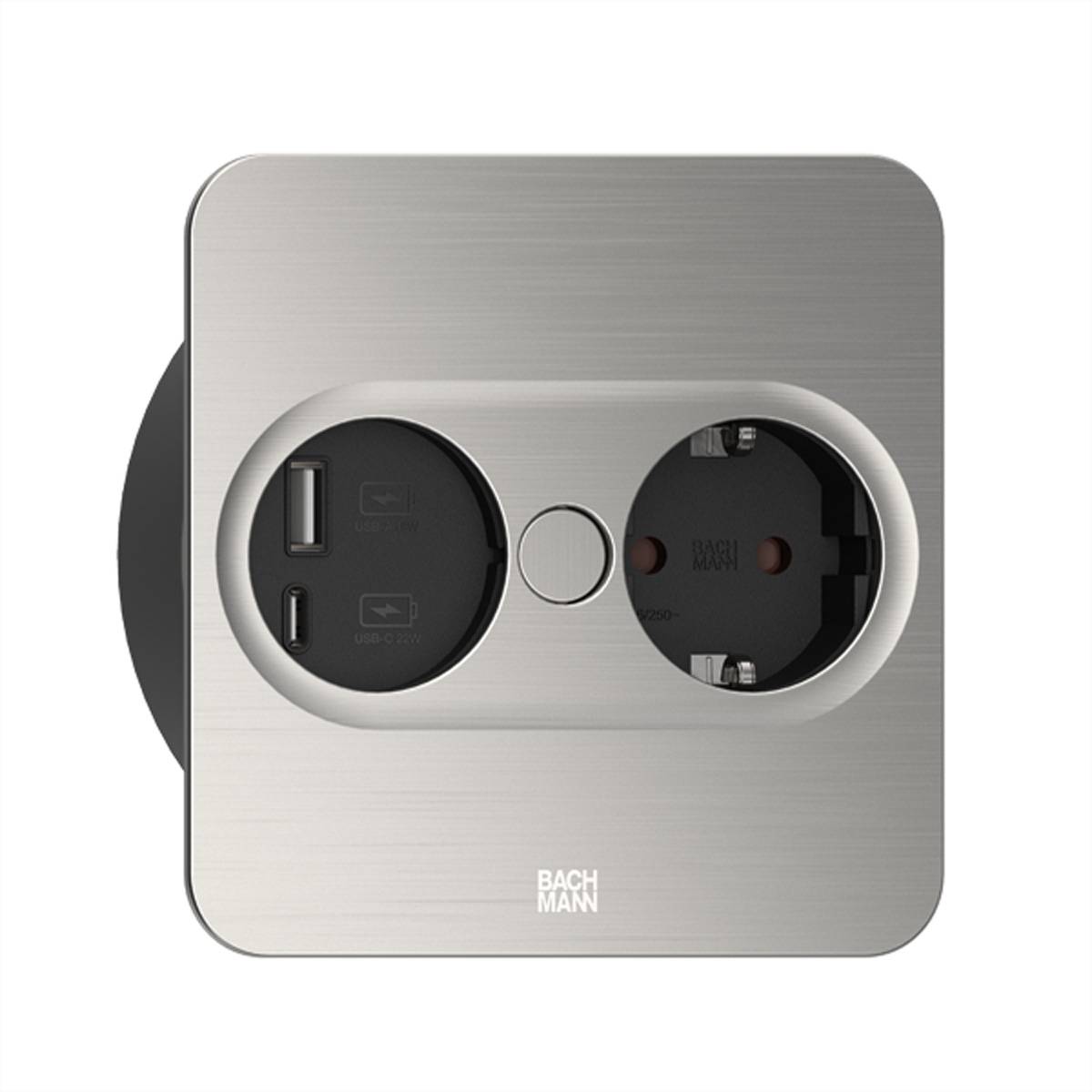 BACHMANN TWIST 2 1xCEE7/3 1xUSB A/C 22W 2,0m AEH Edelstahl-Optik eckig Steckdosenleisten
