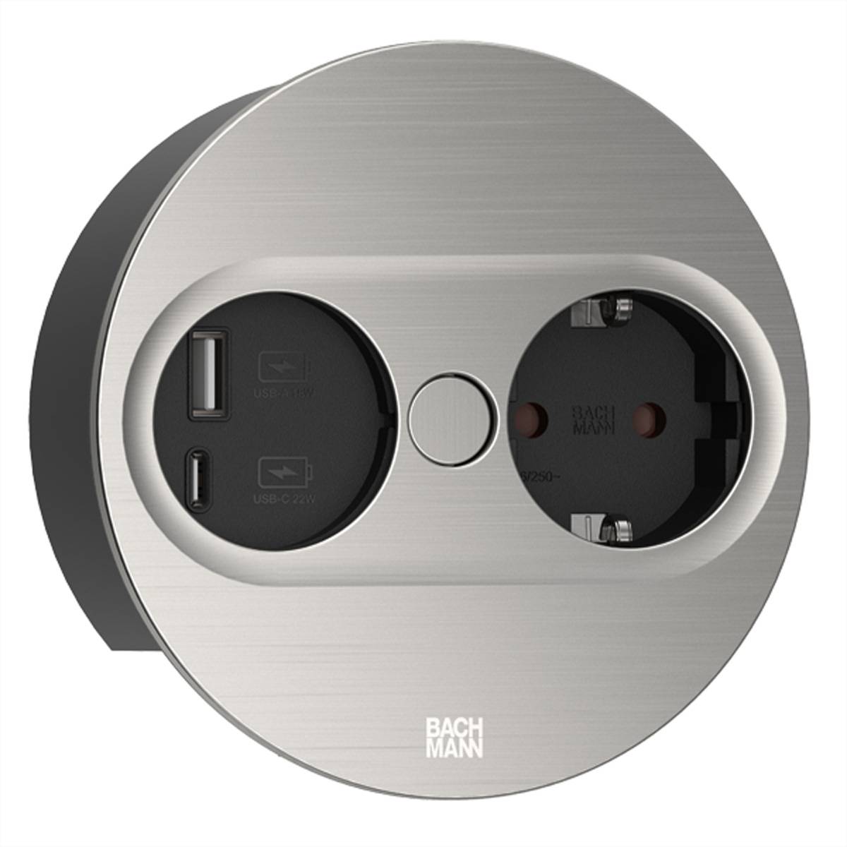 BACHMANN TWIST 2 1xCEE7/3 1xUSB A/C 22W 2,0m AEH Edelstahl-Optik rund Steckdosenleisten