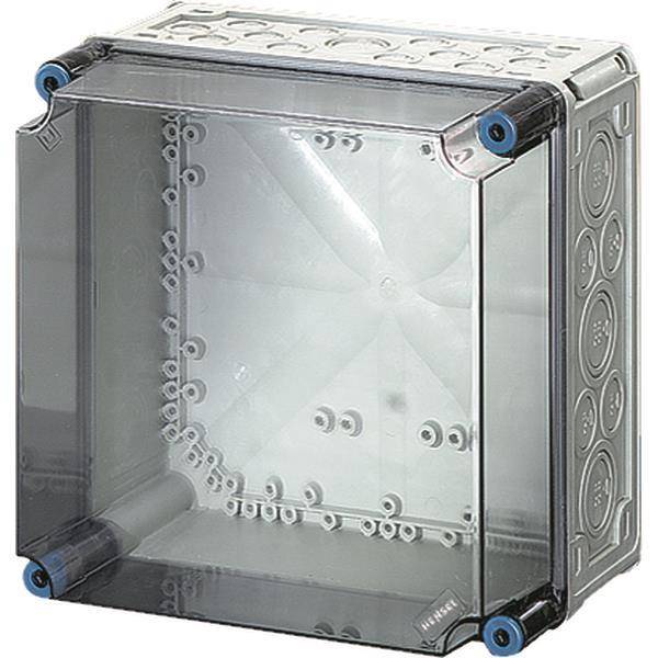 Transparente quadratische elektrische Verbindungsbox mit kreisförmigen Ausschnitten an den Seiten und blauen Eckbefestigungen, entwickelt für Verdrahtungsgehäuse.