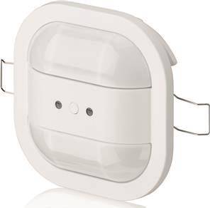 Ein weißer rechteckiger Bewegungsmelder mit abgerundeten Kanten und zwei kleinen kreisförmigen Sensoren auf der Vorderseite, ausgelegt für die Verwendung im Innenbereich.