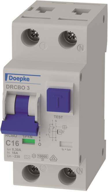Ein Doepke DRCBO 3 Leitungsschutzschalter mit blauem Schalter, gekennzeichnet mit „RCBO 1P+N C16