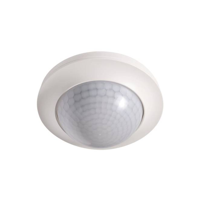 Ein an der Decke montierter Bewegungsmelder mit einem weißen runden Gehäuse und einer strukturierten Kuppellinse.