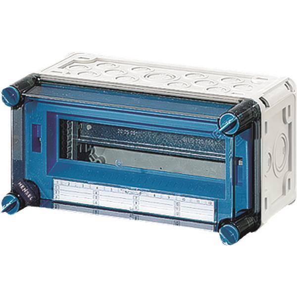 Ein weißes und blaues elektrisches Verteilungskasten oder Gehäuse mit transparenter Frontplatte und mehreren Anschlussöffnungen an den Seiten.