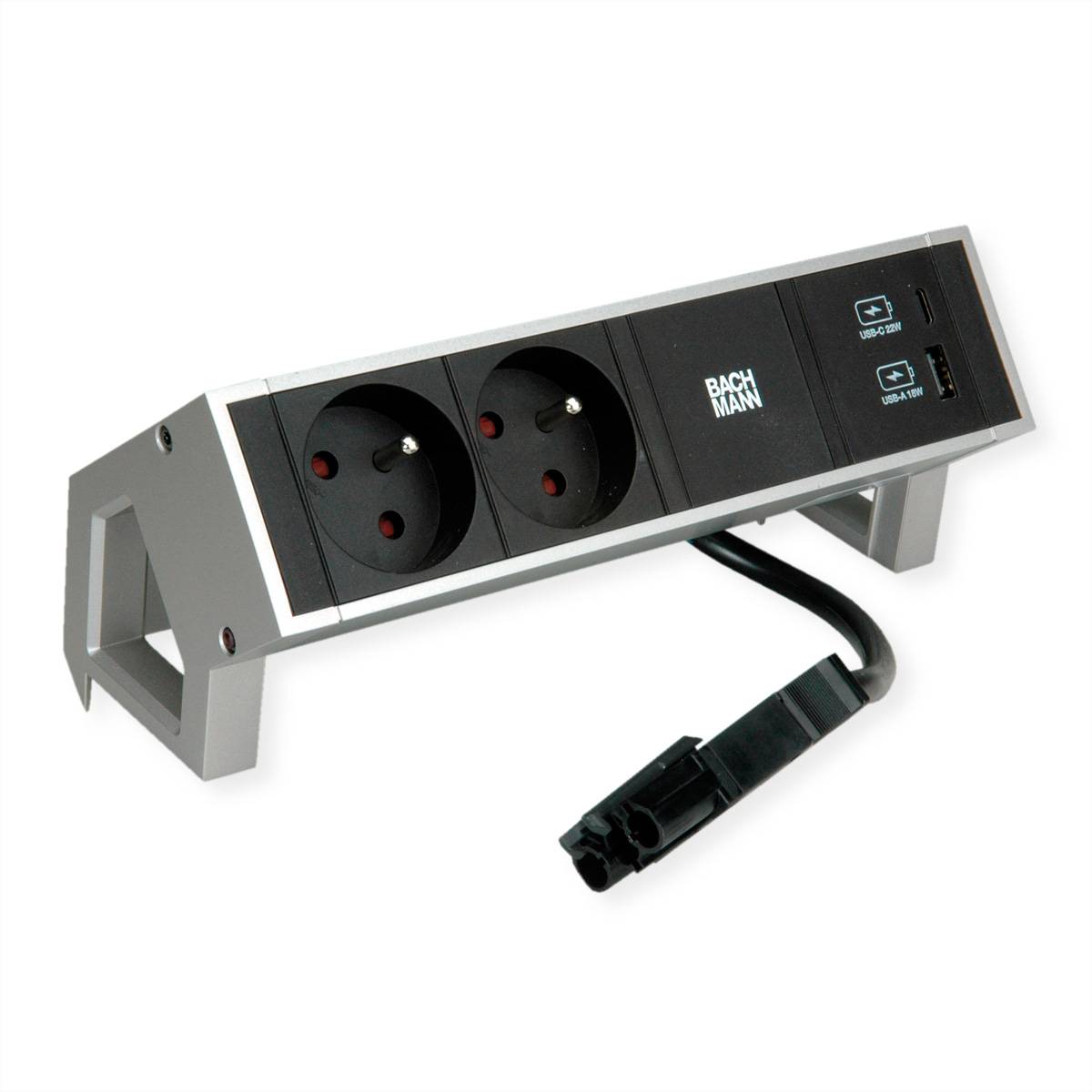BACHMANN DESK2 2xUTE 1xUSB A/C 22W 0,2m GST18 INOX Steckdosenleisten Aufbau-Anschlussfelder DESK 2