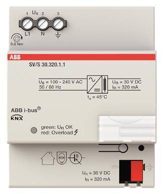 ABB KNX Stromversorgungseinheit, Modell SV/S 30.320.1, Eingang 100-240V AC, Ausgang 30V DC. Merkmale umfassen Überlastanzeige und Rücksetztaste.