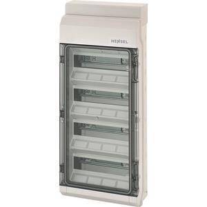 Kunststoff-Elektroverteilung mit transparenter Tür, die mehrere leere Plätze für Leitungsschutzschalter zeigt, in aufrechter Position dargestellt.