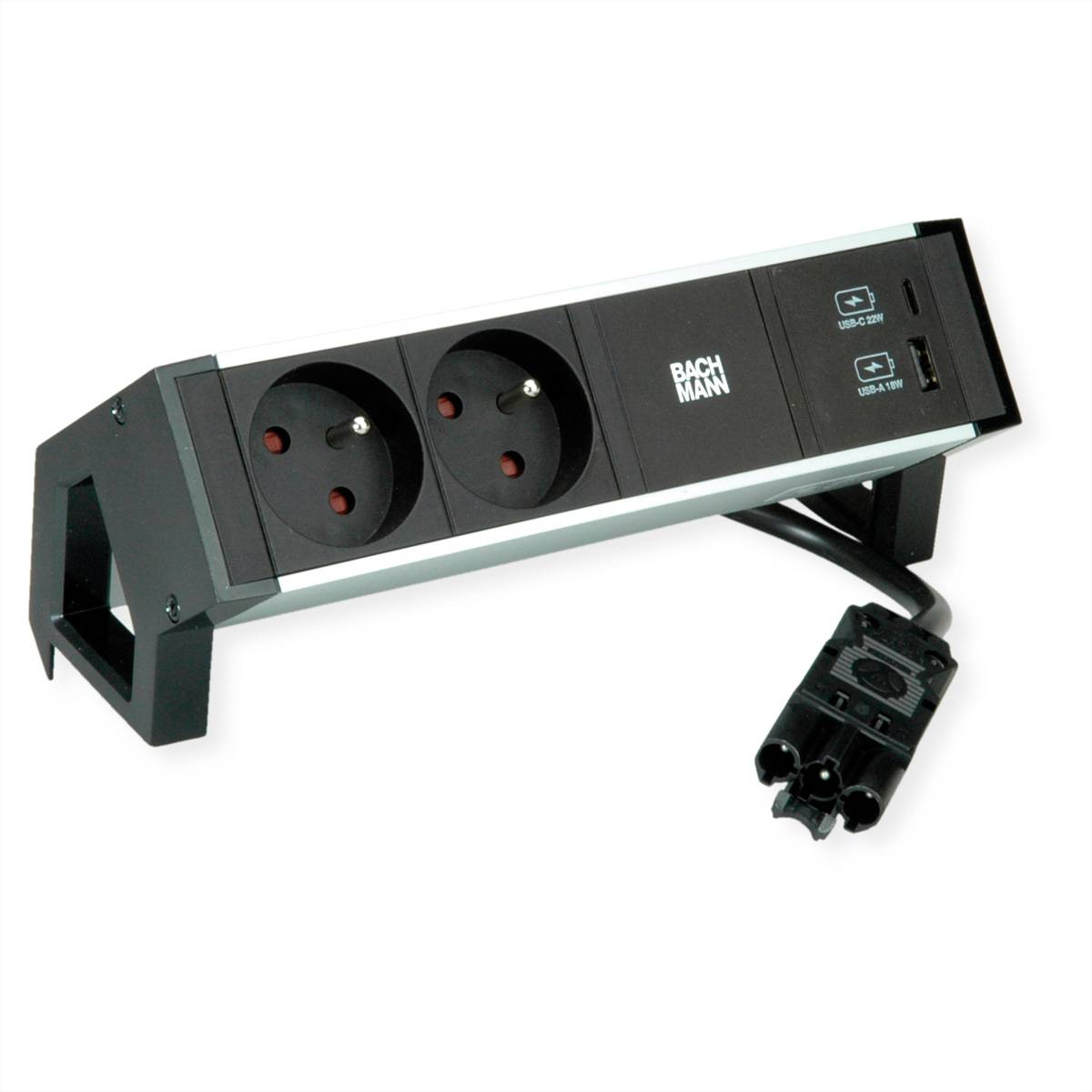 BACHMANN DESK2 ALU BLACK 2xUTE 1xUSB A&amp,C 22W 0,2m GST18 Steckdosenleisten Aufbau-Anschlussfelder