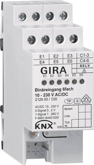Eine Nahaufnahme eines GIRA KNX Binäreingangsmoduls mit Anschlüssen, Modellnummer und Spannungsspezifikationen.