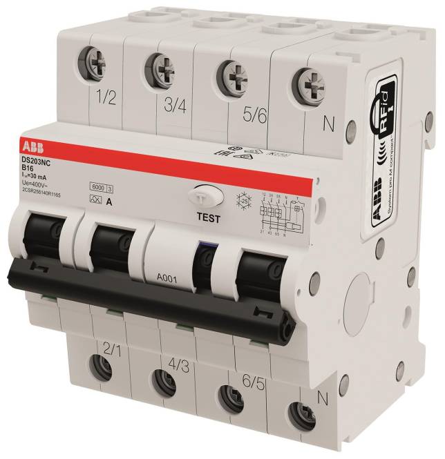 ABB FI/LS-Schalter DS203NCA-B16/0,03 6kA, 3P+N, Typ A, B Install.Baumaterial Zählerschr./Verteilg