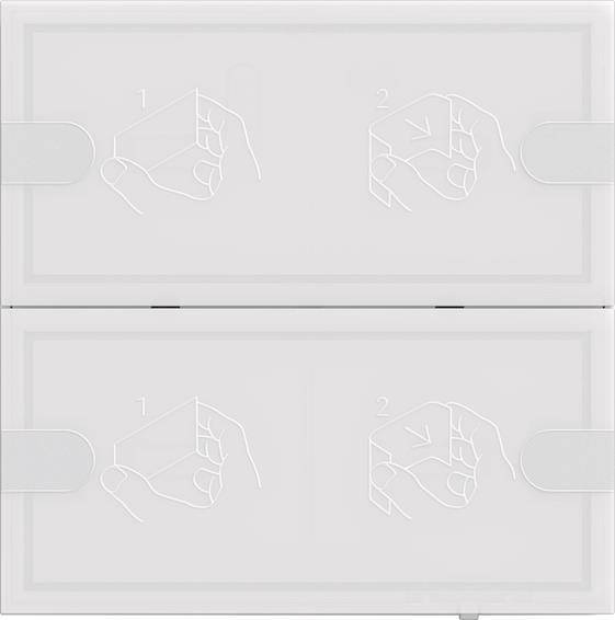 Drei horizontale, weiße Kunststoffplatten mit runden, silbernen Knöpfen an jedem Ende. Die Platten sind gleichmäßig verteilt und vertikal gestapelt.