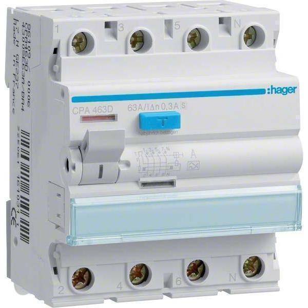 Hager Fi-Schalter 4polig 6kA 63A CPA463D 300mA Typ S selektiv Install.Baumaterial
