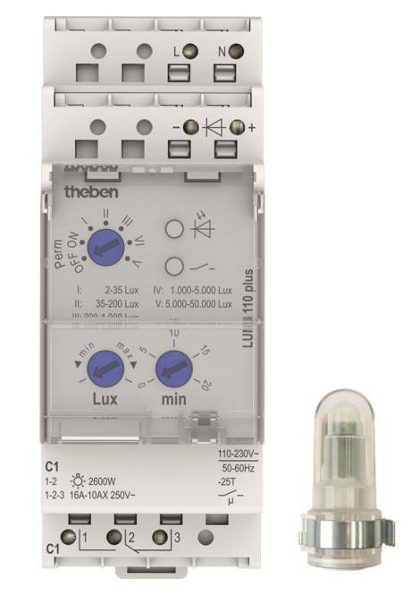 ELEKTRONISCHER LICHTSENSOR: Angezeigte Luxwerte, 110-230V, 50-60Hz, Duale Luxeinstellregler, Hersteller: Theben