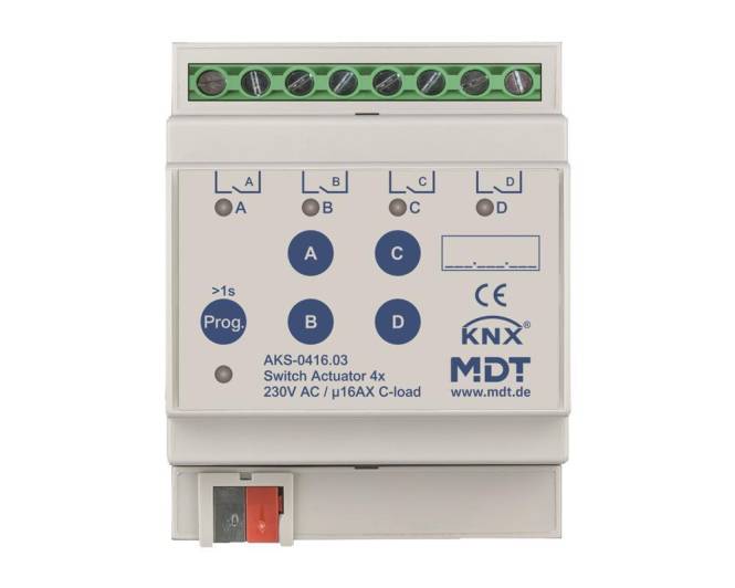 MDT AKS-0416.03 Schaltaktor 4fach 4TE REG 16A 230VAC C-Last Standard Install.Baumaterial KNX