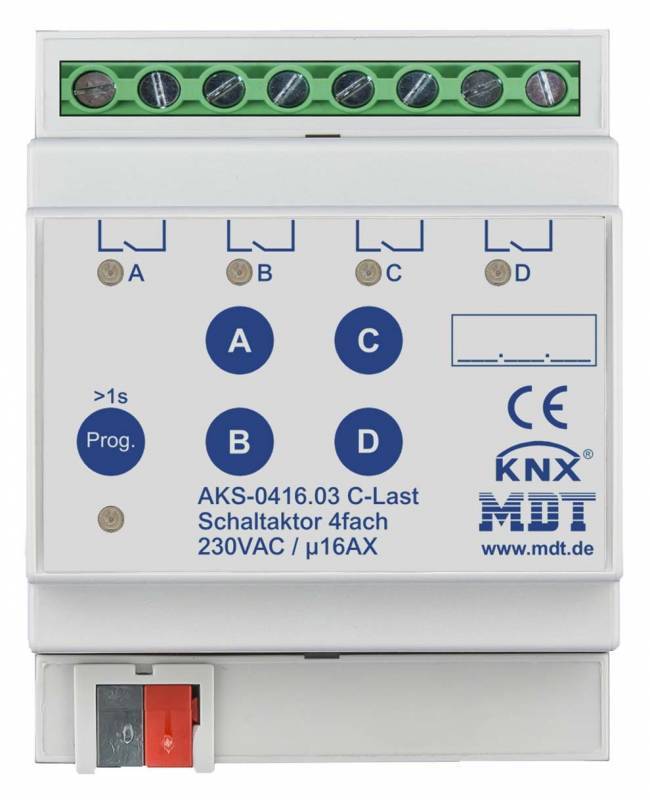 MDT AKS-0416.03 Schaltaktor 4fach 4TE REG 16A 230VAC C-Last Standard Install.Baumaterial KNX
