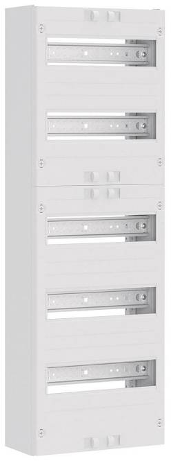 Ein weißes Elektroverteilungsschrank mit mehreren Steckplätzen für Leitungsschutzschalter oder andere modulare Komponenten, an einer Wand montiert.