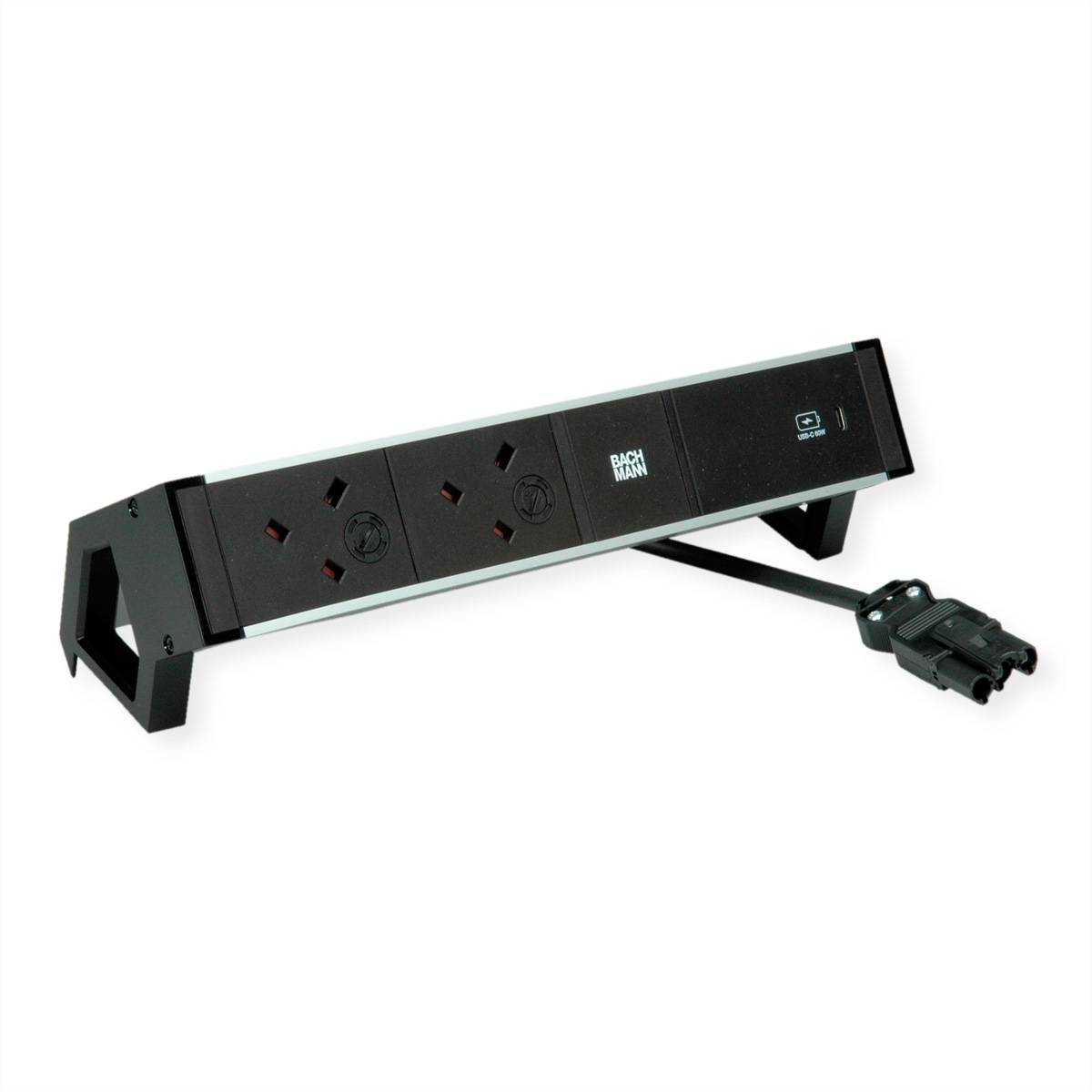 BACHMANN DESK2 ALU BLACK 2xUK, 1xUSBC 60W 0,2m GST18 United Kingdom Steckdosenleisten