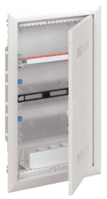 Ein offenes Elektropanel mit leeren Steckplätzen und einigen sichtbaren Komponenten im Inneren, was auf mögliche Bereiche für die Installation von Stromkreisen hindeutet.