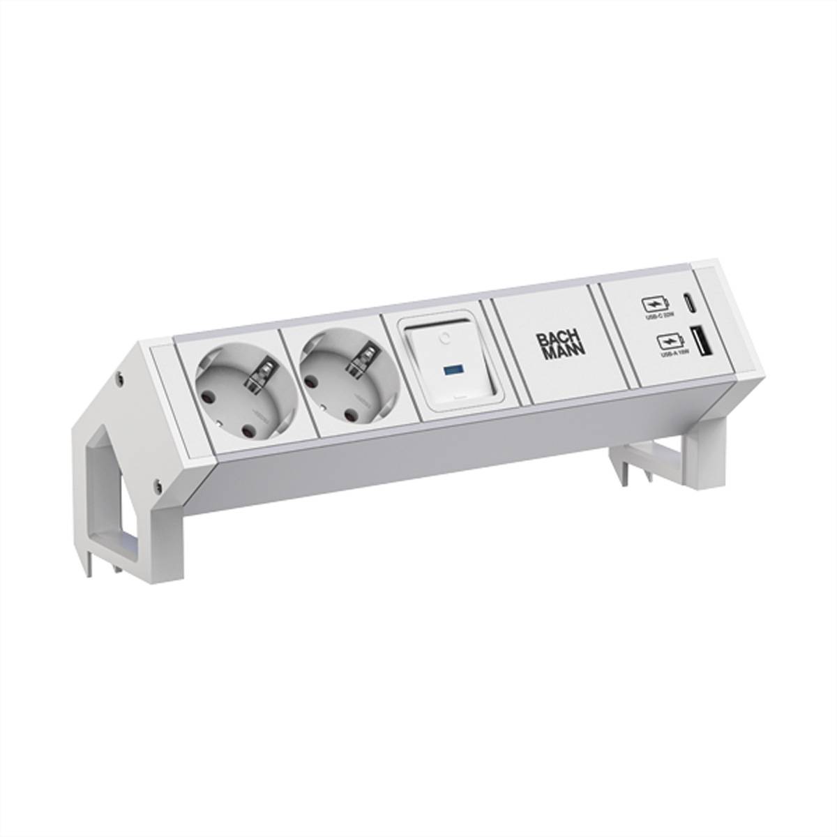 BACHMANN DESK2 ALU WHITE 2xCEE7/3 1xSchalter 1xUSB A/C 22W 0,2m Steckdosenleisten DESK 2