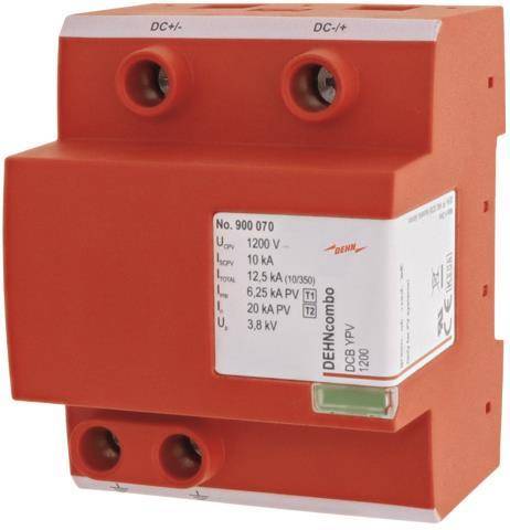 DEHNcombo DC' Überspannungsschutzgerät in rotem Gehäuse, gekennzeichnet für bis zu 1200V und 10kA. Geeignet für Photovoltaikanlagen.