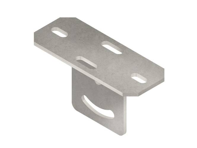 Ein Metallbügel mit mehreren Schlitzen, der für verstellbare Befestigung ausgelegt ist.