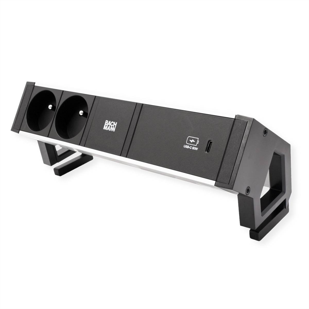 BACHMANN DESK2 ALU BLACK 2xUTE 1xUSBC 60W 0,2m GST18 Steckdosenleisten Aufbau-Anschlussfelder DESK 2