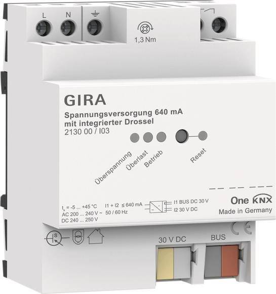 Das Bild zeigt ein GIRA KNX Netzteil mit integrierter Drosselspule, Modell '2130 00'. Es enthält Anzeigelampen für 'Überspannung', 'Überlast', 'Betrieb' und 'Zurücksetzen'.