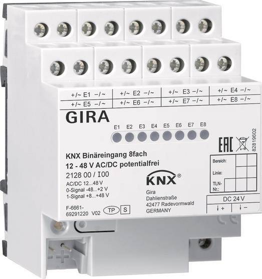 Das Bild zeigt ein KNX-Binäreingangsgerät mit acht Kanälen. Es funktioniert mit 12-48 V AC/DC und wird für integrative Netzwerksteuerung in der Gebäudeautomation verwendet.