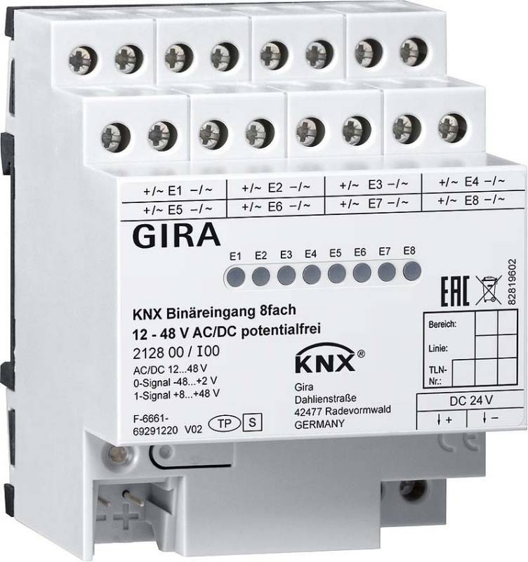 GIRA 212800 BinÃ¤reingang 8fach 12-48V AC/DC potentialfrei KNX REG Install.Baumaterial KNX