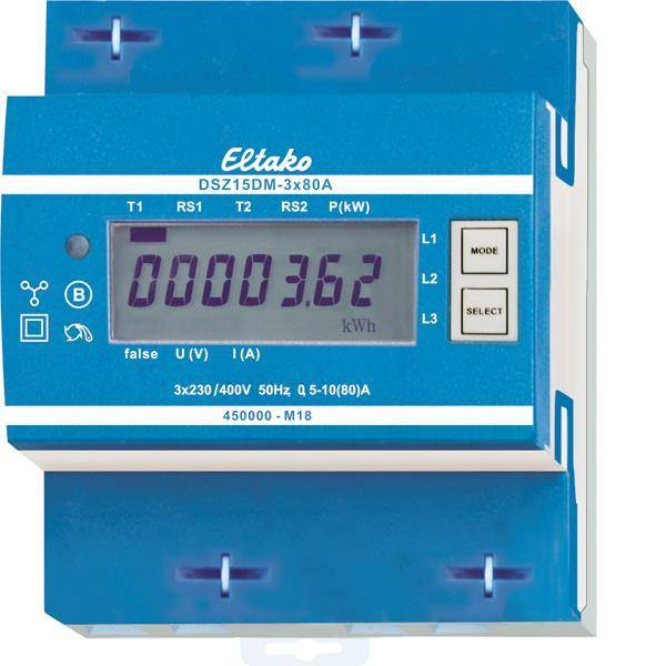 Ein blauer Eltako-Energiezähler mit digitalem Display, das „000036.2