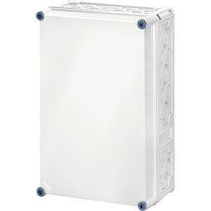 Eine weiße rechteckige elektrische Verteilerdose mit abgerundeten Ecken und seitlichen Verschlussstöpseln für die Kabeleinführung.