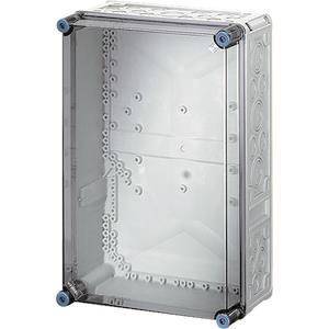 Elektrischer Verteilerkasten mit transparentem Deckel, mit mehreren Montagelöchern für vielseitige Installationsmöglichkeiten.