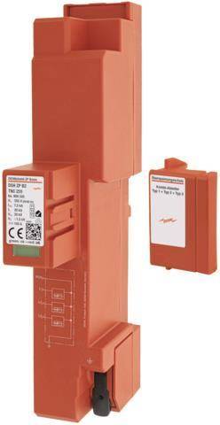 Ein orangefarbenes Surge-Protection-Gerät von Phoenix Contact mit angezeigter Modellnummer, daneben ein kleineres Gerät; beide haben Etiketten mit technischen Spezifikationen.
