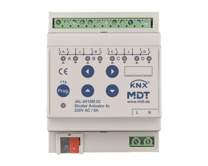 MDT Jalousieaktor 4-fach mit Fahrzeitmessung 4TE REG 10A 230VAC JAL- Install.Baumaterial KNX