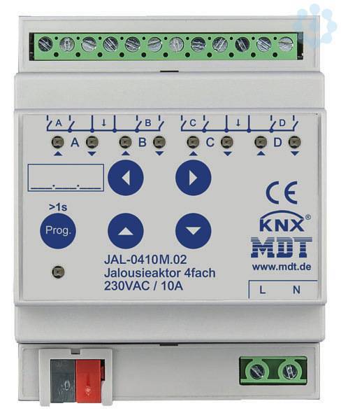 MDT Jalousieaktor 4-fach mit Fahrzeitmessung 4TE REG 10A 230VAC JAL- Install.Baumaterial KNX