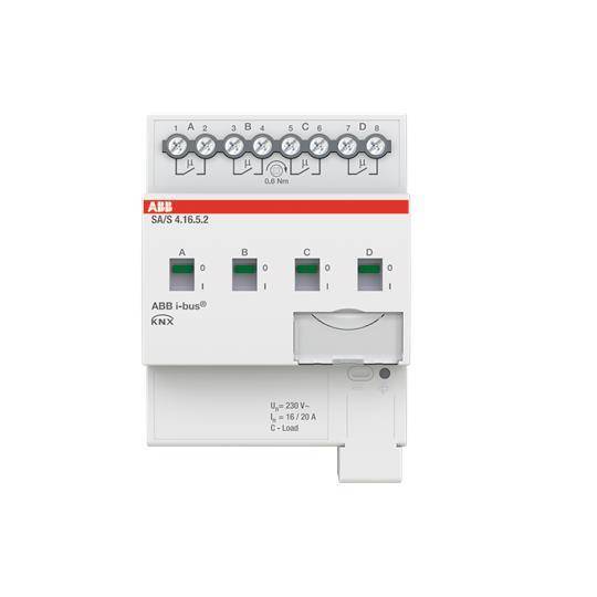 ABB i-bus KNX Relaismodul mit vier Kanälen, bezeichnet A bis D, jeweils mit Anzeige und Schalter. Modell: S4.16.5.2, 230V, 16A.
