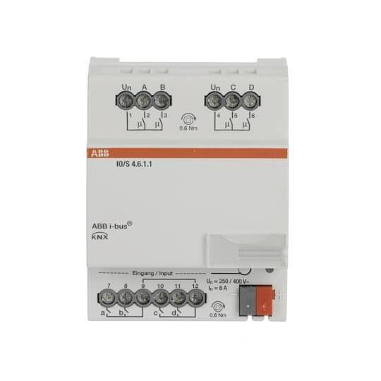 ABB-I/O-Regler mit beschrifteten Anschlüssen für Un A, B, C, D und Eingangsverbindungen. Verfügt über Drehmoment- und Spannungsspezifikationen.