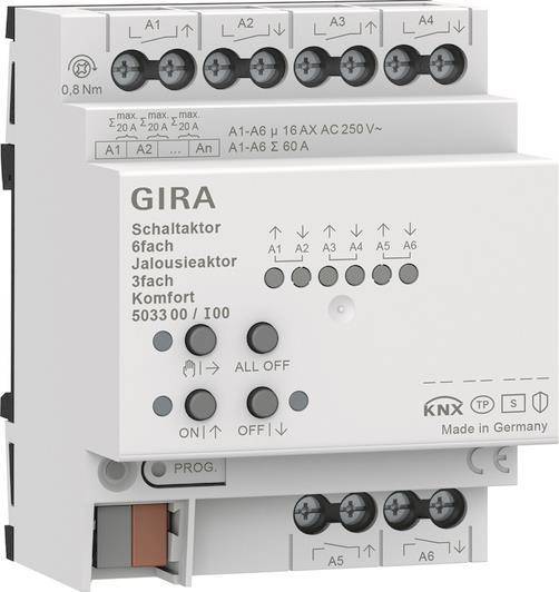 KNX Gira Schaltaktor mit mehreren Tasten und LED-Anzeigen. Die Bedienelemente umfassen „EIN