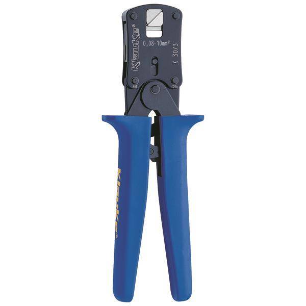 Abisolierzange mit blauen Griffen und Messskalen sowie Markennamen auf dem Schneidekopf, ausgelegt zum Abisolieren von Drähten mit einem Durchmesser von 0,08-10 mm.