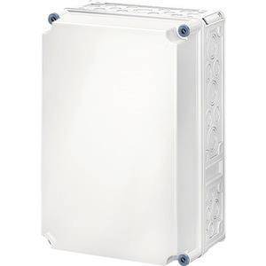 Eine weiße elektrische Anschlussdose mit einfacher Abdeckung und sichtbaren Schrauben an den Ecken.